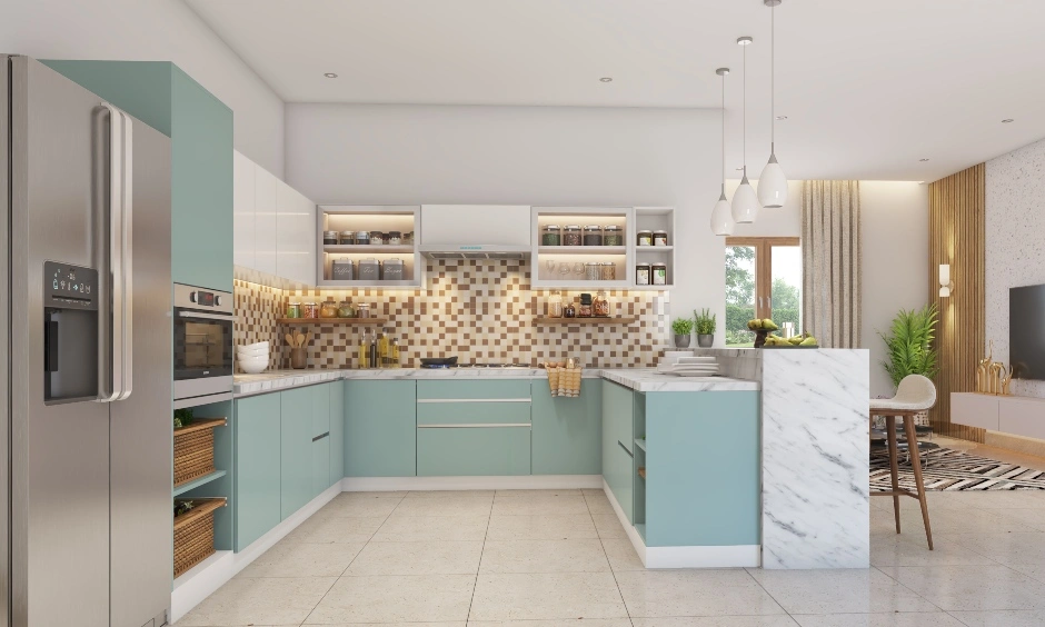 A Spacious Modular Kitchen With A Tall Microwave Unit-1