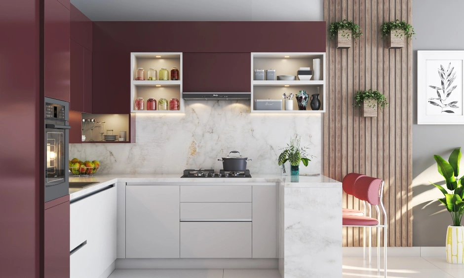 A Muave And White Kitchen Design With A Breakfast Counter-1