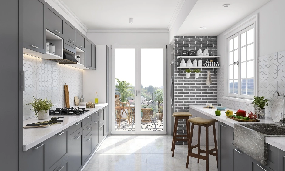 A Parallel Kitchen Designed In Different Shades Of Gray-1