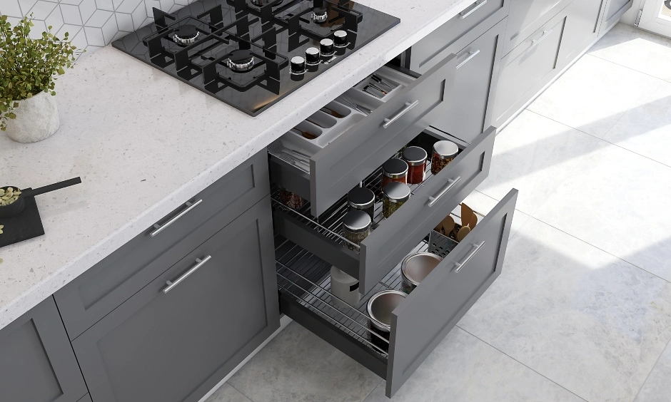 A Parallel Kitchen Designed In Different Shades Of Gray-2