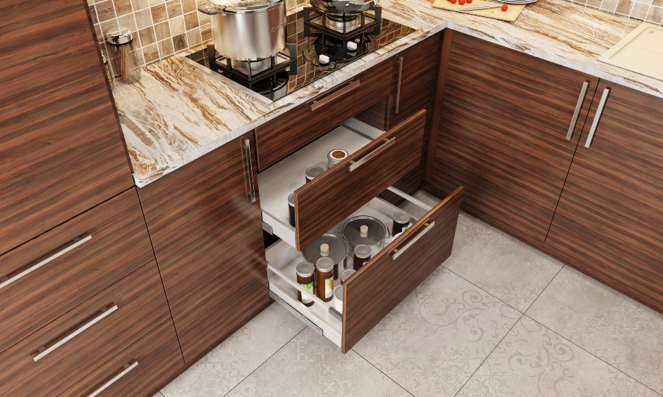 An L-shaped Kitchen Design With Wooden Laminate-3