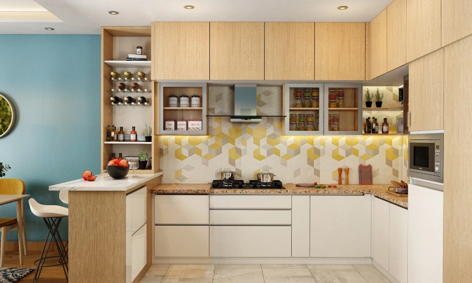 A Kitchen Cum Dining Room In Blue, Yellow And White-DC299