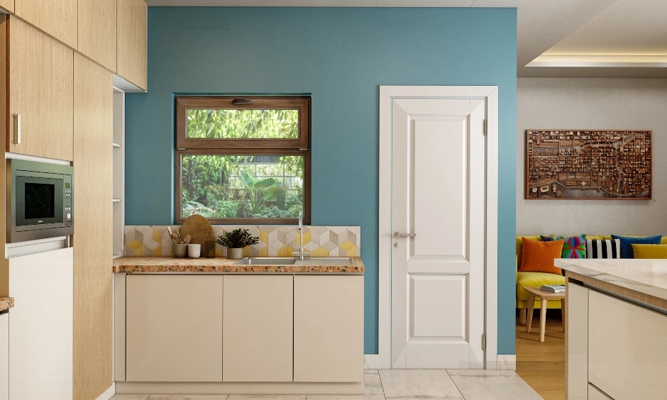 A Kitchen Cum Dining Room In Blue, Yellow And White-3