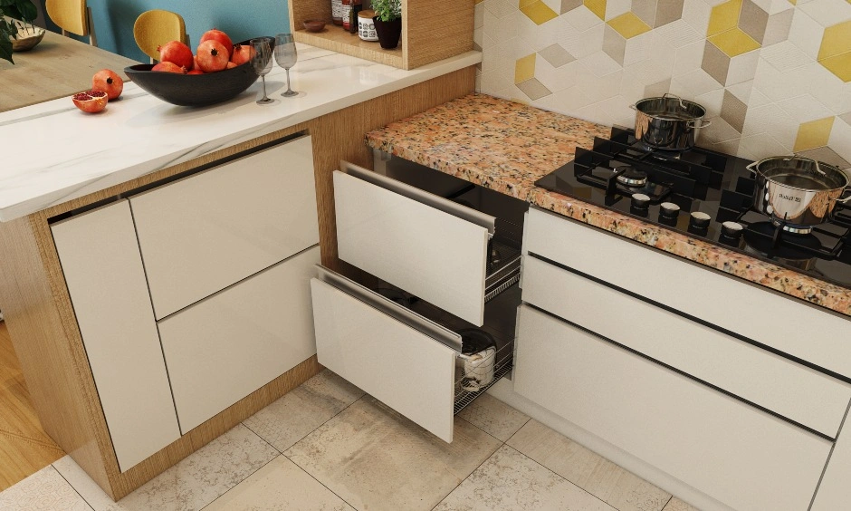 A Kitchen Cum Dining Room In Blue, Yellow And White-5