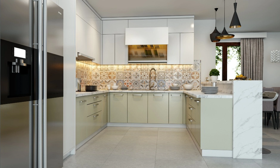 An Elegant G Shaped Kitchen In White And Pastel Green-1