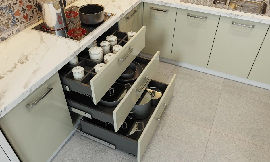 An Elegant G Shaped Kitchen In White And Pastel Green-3