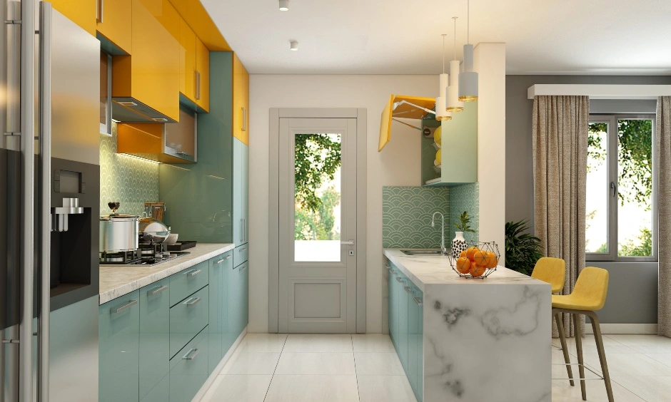 A Parallel Shaped Kitchen With A Dual Colour And A Breakfast Countertop-1