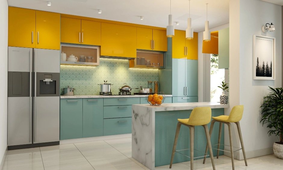 A Parallel Shaped Kitchen With A Dual Colour And A Breakfast Countertop-2