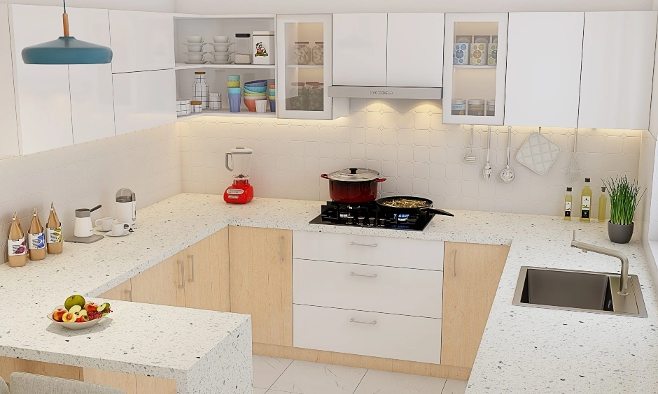 A G Shaped Kitchen With A White And Wooden Finish-2