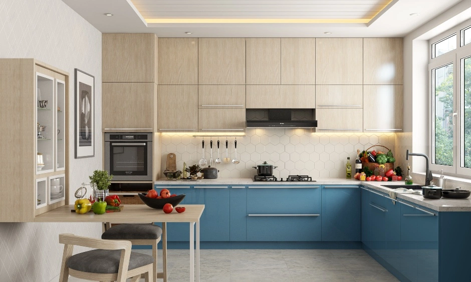 A Blue L Shaped Kitchen Design With A Foldable Breakfast Countertop-DC317