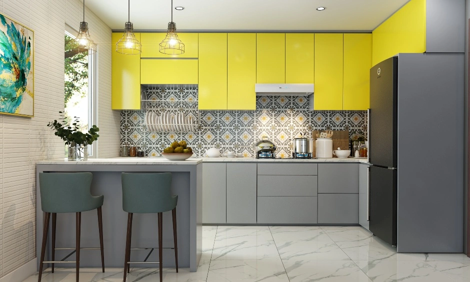 A Yellow And Grey G-Shaped Kitchen With A Tiled Backsplash-1