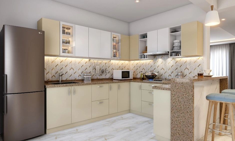 A Light Toned G Shaped Modular Kitchen With A Breakfast Counter-DC322