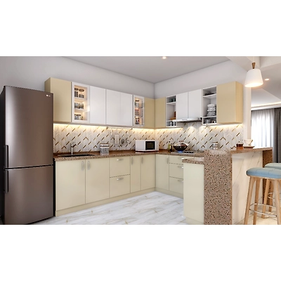 A Light Toned G Shaped Modular Kitchen With A Breakfast Counter-1