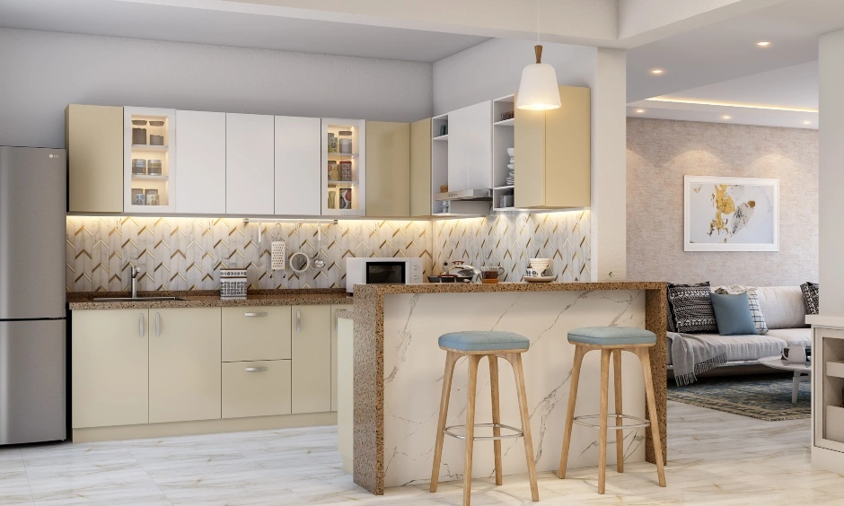 A Light Toned G Shaped Modular Kitchen With A Breakfast Counter-2