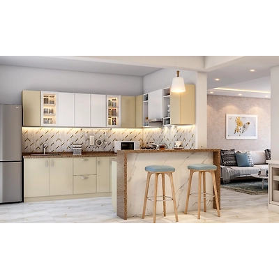 A Light Toned G Shaped Modular Kitchen With A Breakfast Counter-2