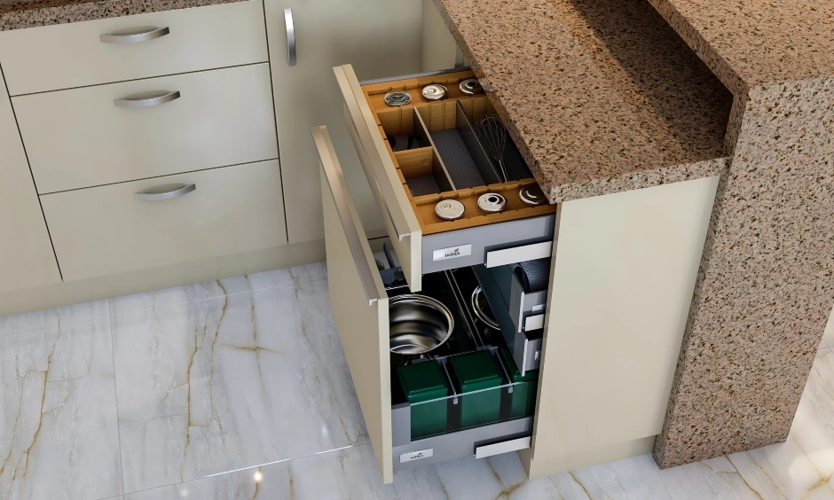 A Light Toned G Shaped Modular Kitchen With A Breakfast Counter-4