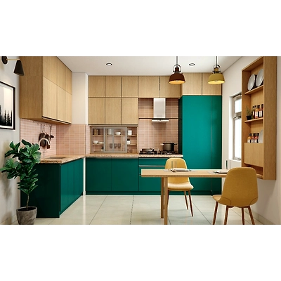 An L Shaped Kitchen Design With Foldable Dining Table-DC325
