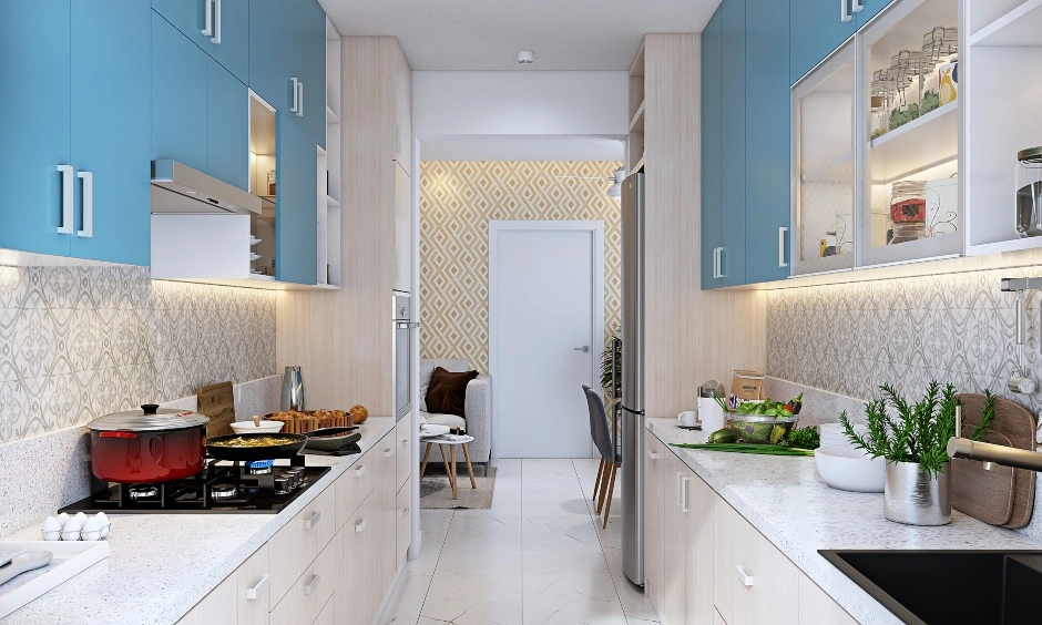 A Parallel Shaped Kitchen In Blue And Light Wood Laminate-1