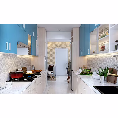 A Parallel Shaped Kitchen In Blue And Light Wood Laminate-1