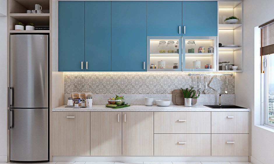 A Parallel Shaped Kitchen In Blue And Light Wood Laminate-3