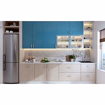 A Parallel Shaped Kitchen In Blue And Light Wood Laminate-2