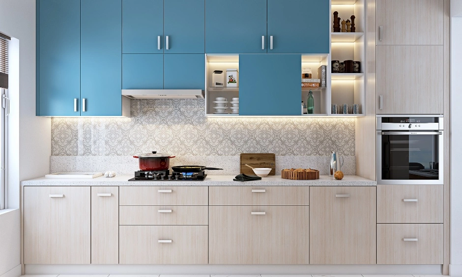 A Parallel Shaped Kitchen In Blue And Light Wood Laminate-4