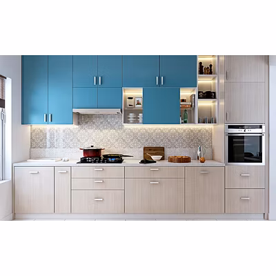 A Parallel Shaped Kitchen In Blue And Light Wood Laminate-5