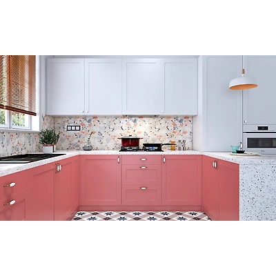 A Pink Kitchen With Patterned Tiled Flooring-1