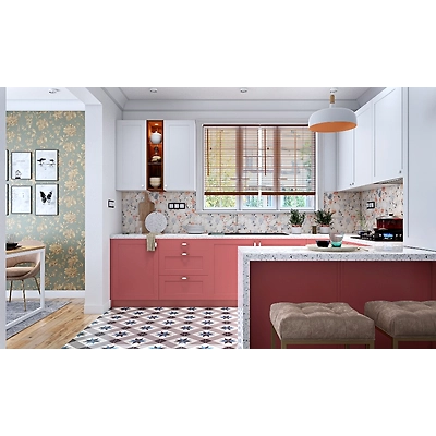 A Pink Kitchen With Patterned Tiled Flooring-2