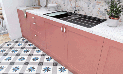 A Pink Kitchen With Patterned Tiled Flooring-5