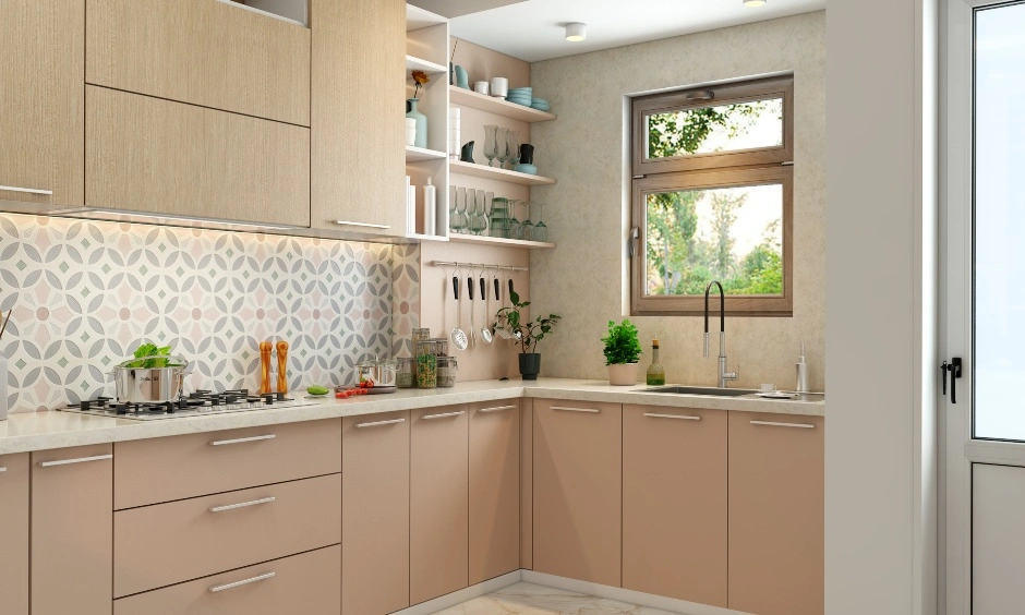 A G Shaped Kitchen In Pink With Open Wine Rack And A Breakfast Counter-DC337