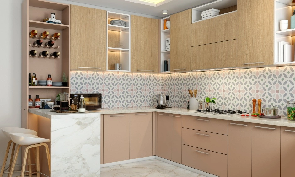 A G Shaped Kitchen In Pink With Open Wine Rack And A Breakfast Counter-3