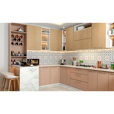 A G Shaped Kitchen In Pink With Open Wine Rack And A Breakfast Counter-2