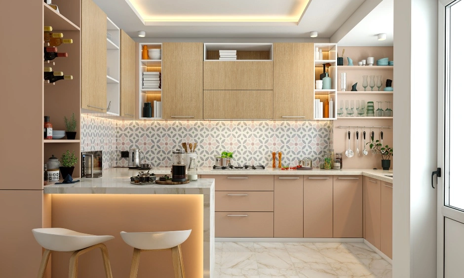 A G Shaped Kitchen In Pink With Open Wine Rack And A Breakfast Counter-4