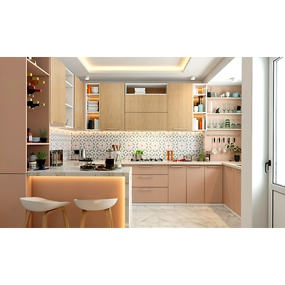 A G Shaped Kitchen In Pink With Open Wine Rack And A Breakfast Counter-4