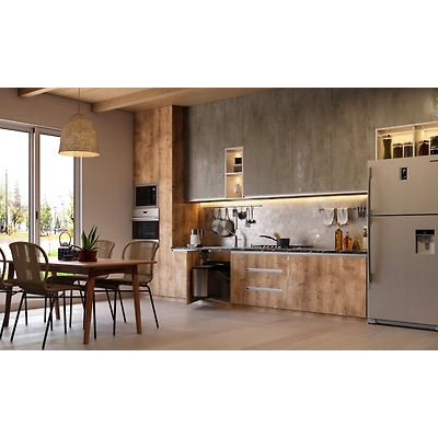 A Straight Shaped Kitchen With A Rustic Wood Finish And A Dining Table-1