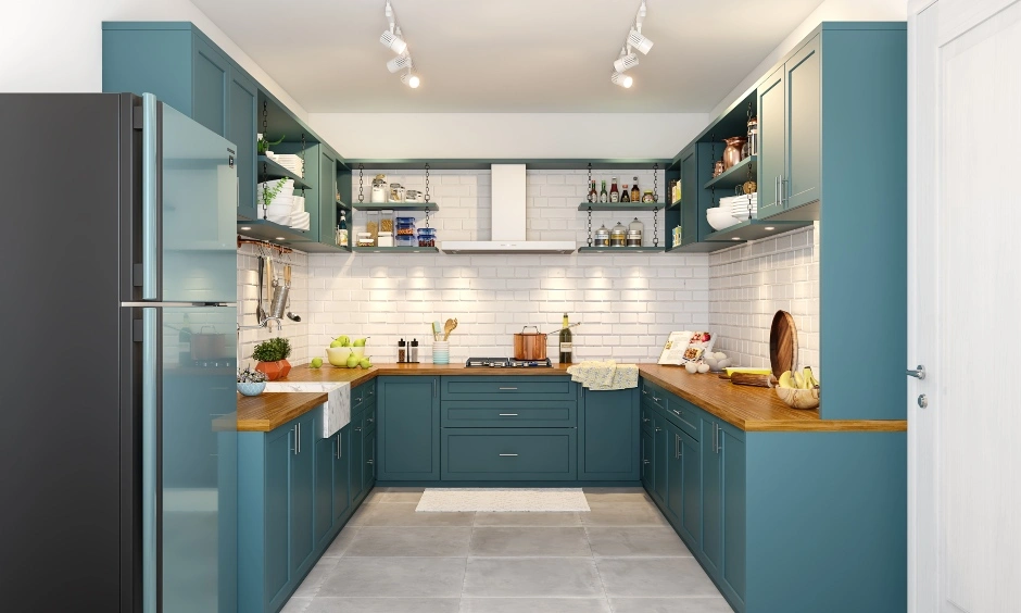 A U-Shaped Modern Kitchen With A Wooden Countertop-DC342