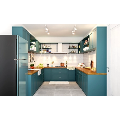 A U-Shaped Modern Kitchen With A Wooden Countertop-1