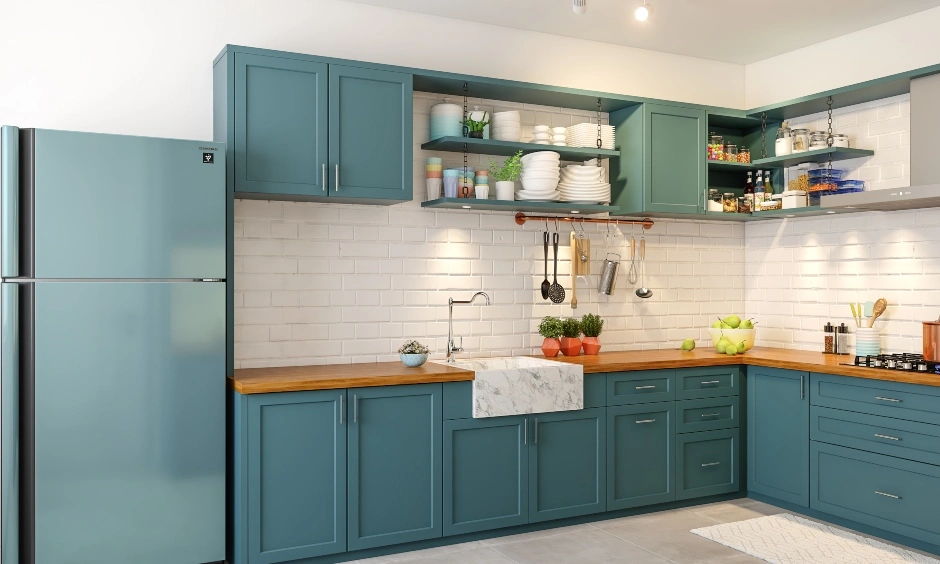 A U-Shaped Modern Kitchen With A Wooden Countertop-3