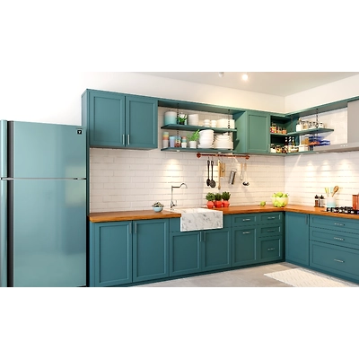 A U-Shaped Modern Kitchen With A Wooden Countertop-3