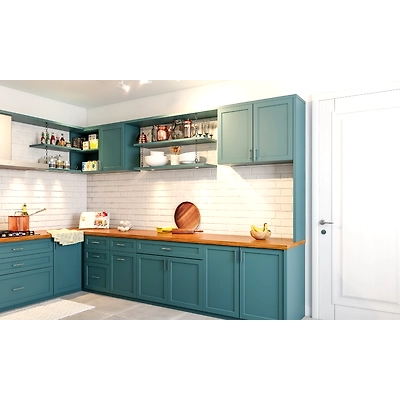 A U-Shaped Modern Kitchen With A Wooden Countertop-4