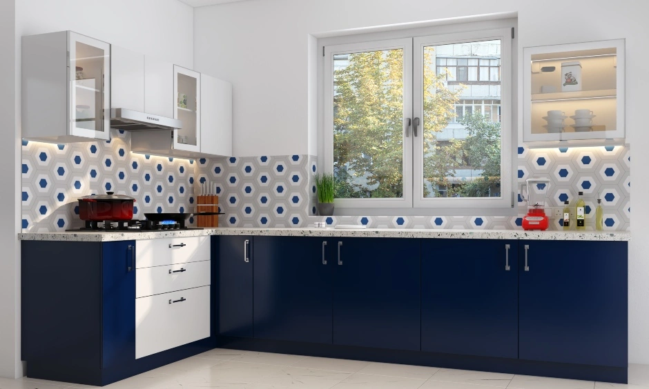 An L-shaped Modular Kitchen In Blue And White-DC344