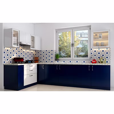 An L-shaped Modular Kitchen In Blue And White-1