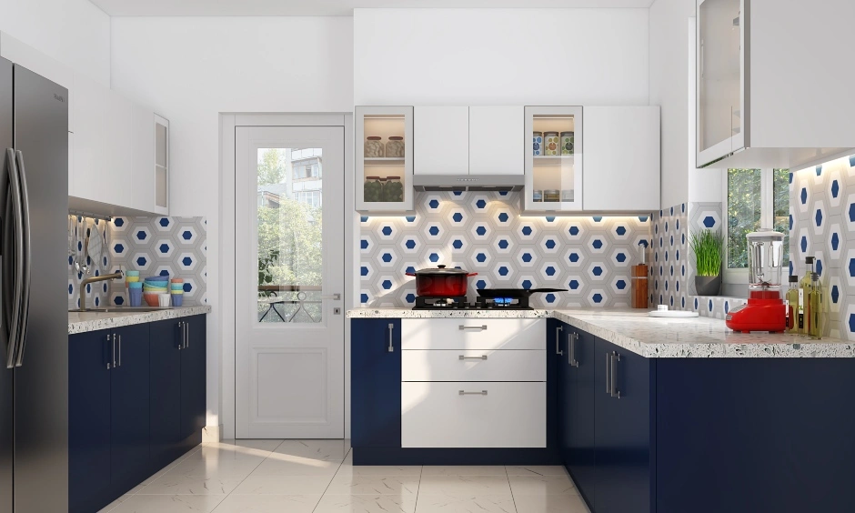 An L-shaped Modular Kitchen In Blue And White-3