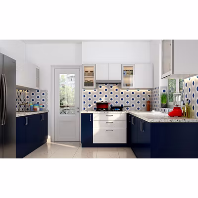 An L-shaped Modular Kitchen In Blue And White-3