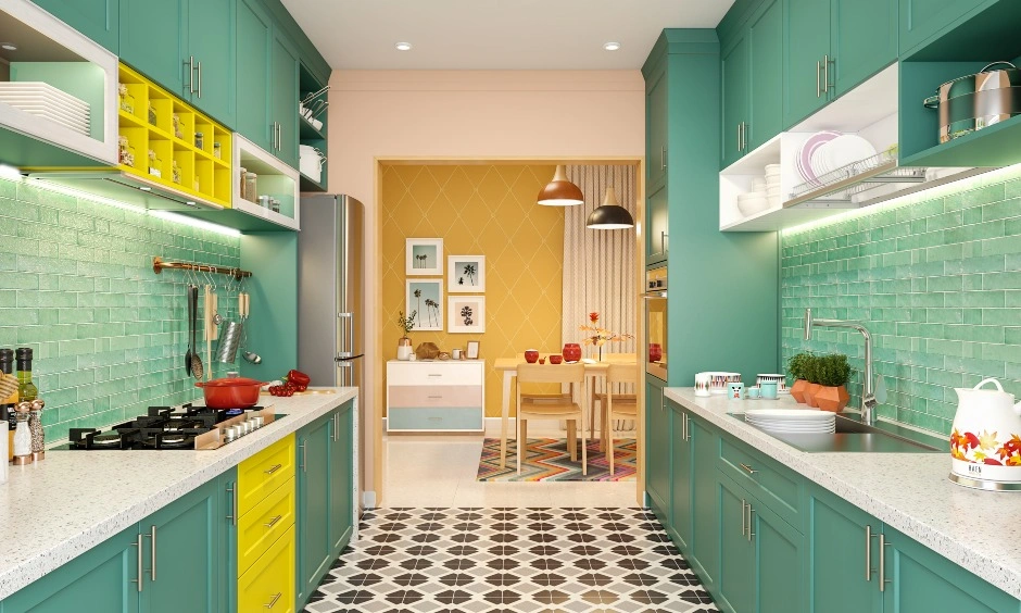 A Parallel Kitchen Design In Yellow And Turquoise-DC345