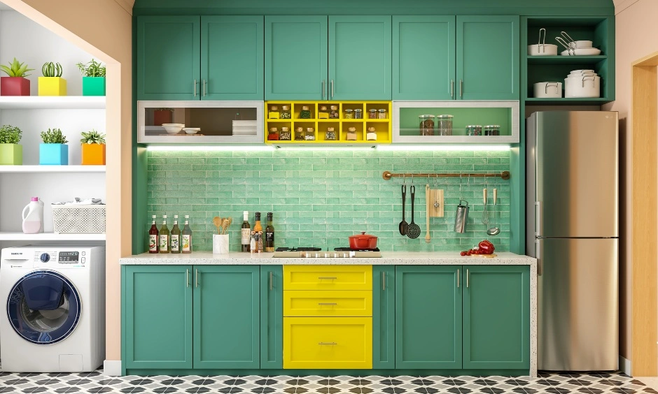 A Parallel Kitchen Design In Yellow And Turquoise-2