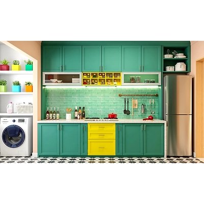 A Parallel Kitchen Design In Yellow And Turquoise-3
