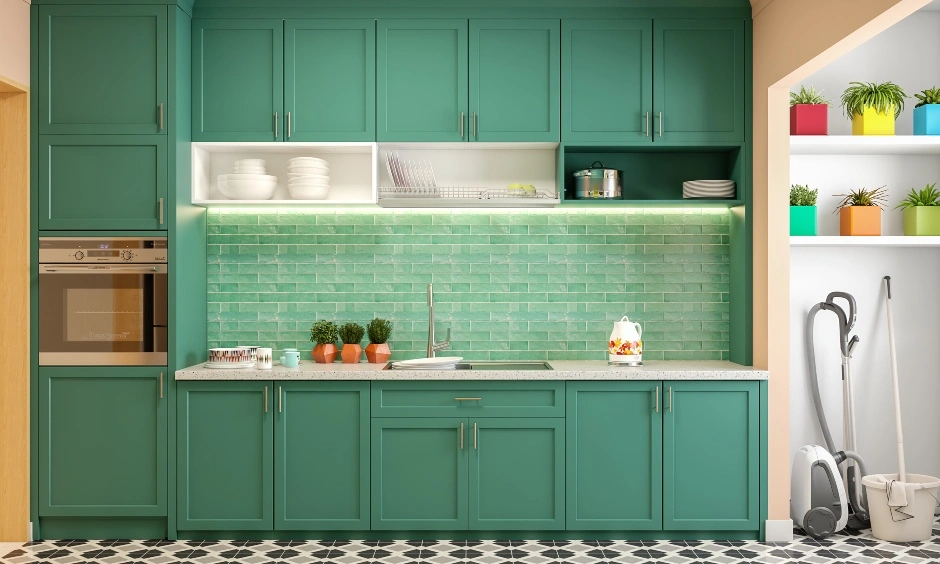 A Parallel Kitchen Design In Yellow And Turquoise-5