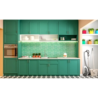 A Parallel Kitchen Design In Yellow And Turquoise-4